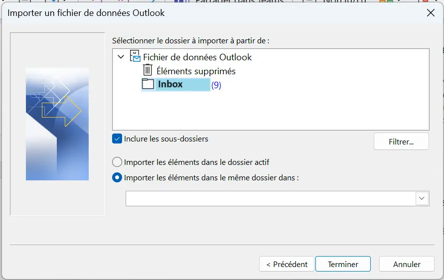 Fichier de données Outlook sélectionné dans l’assistant avec options d’importation Image: Fichier de données Outlook sélectionné dans l’assistant avec options d’importation