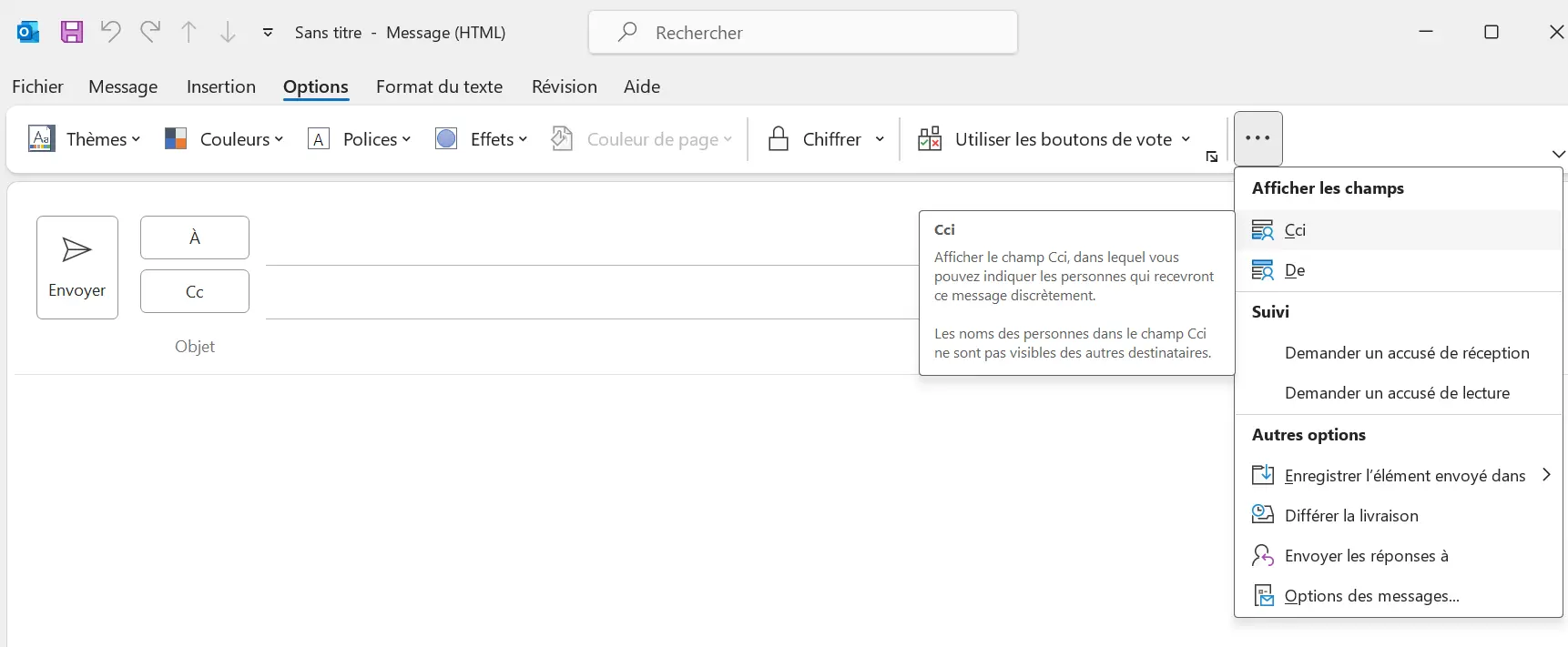 Outlook : le bouton « Cci » dans l’onglet « Options » Image: Outlook : le bouton « Cci » dans l’onglet « Options »