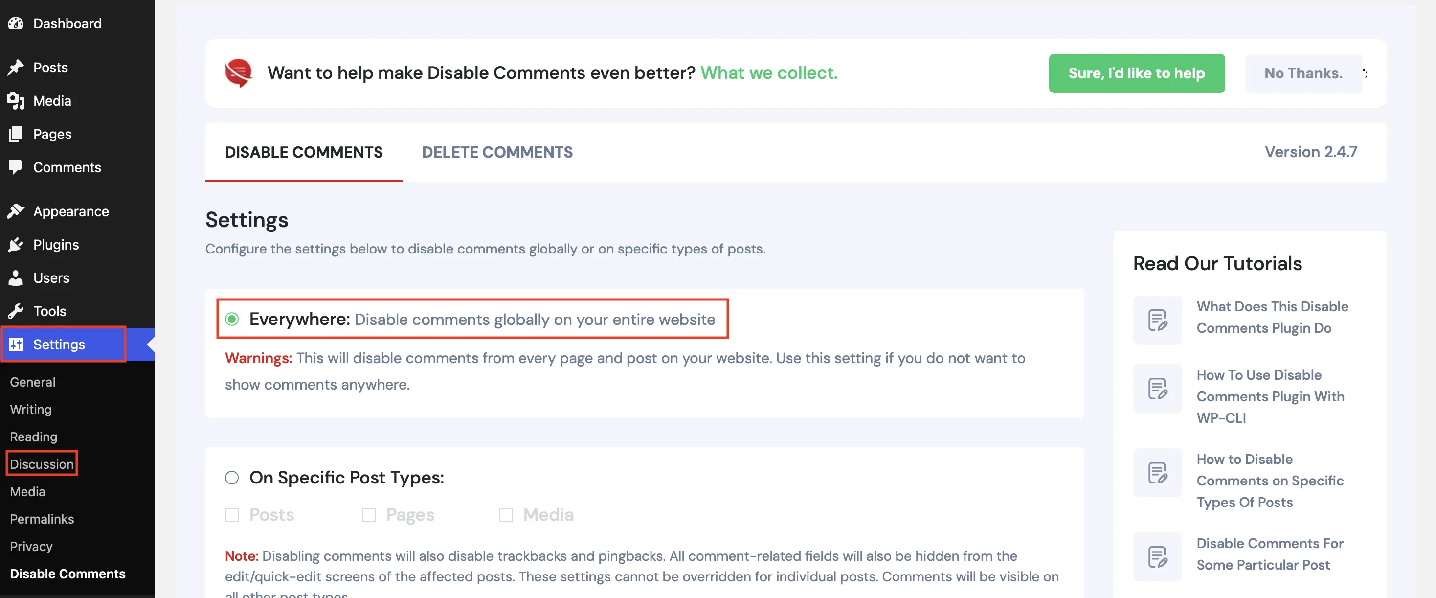 Image: Fen&ecirc;tre dans le backoffice du plugin &laquo; Disable Comments &raquo; pour d&eacute;sactiver les commentaires
