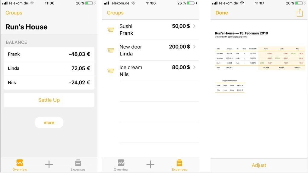 Image: Aperçu de l’application Splid : groupes, dépenses, vue d’ensemble