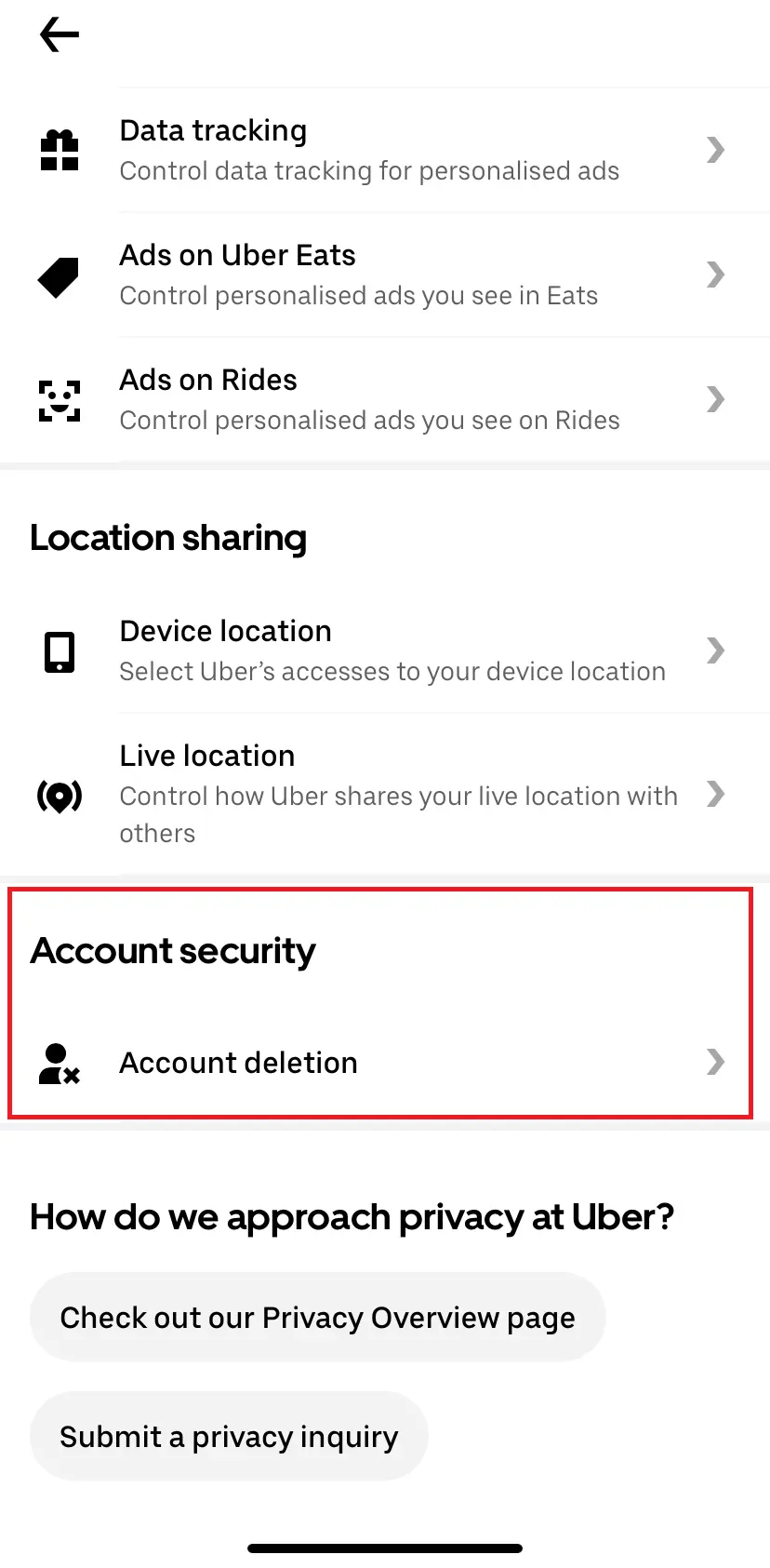 Capture d’écran de l’option de suppression de compte dans l’application Uber Image: Capture d’écran de l’option de suppression de compte dans l’application Uber