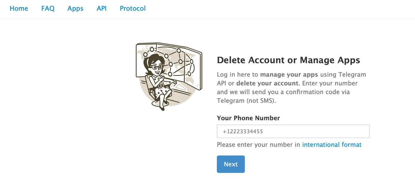 Image: Site Web de Telegram pour supprimer son compte depuis le navigateur