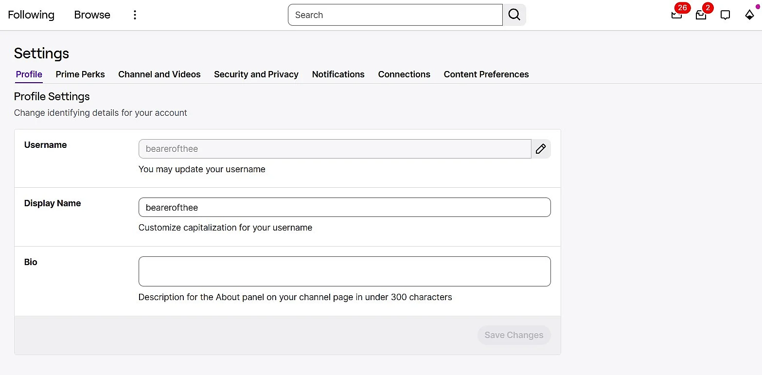 Profile Settings on Twitch Image: Profile settings on Twitch
