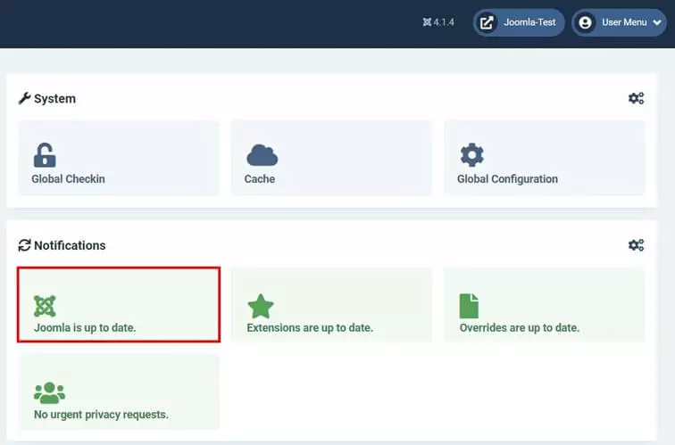 Image: Tableau de bord Joomla : vérification de la version de Joomla