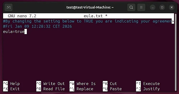 Image: EULA du serveur Minecraft : confirmation dans le terminal Ubuntu
