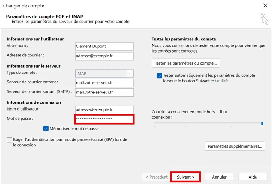 Image: Outlook 365 : informations sur le serveur et l’ouverture de session