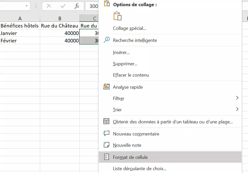 Image: Illustration des cellules sélectionnées avec l’appel du menu « Format de cellule... »