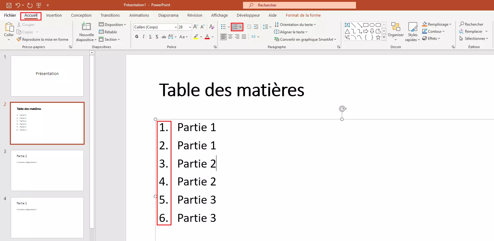 Image: PowerPoint : numérotation de la table des matières