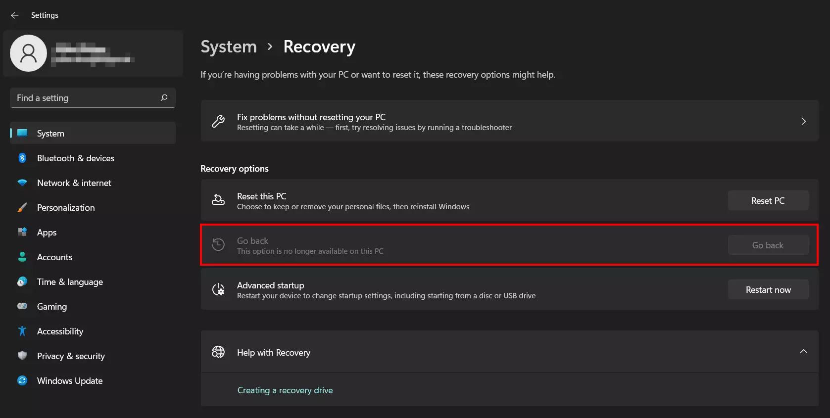 Image: Windows 11 : encadré « Retour en arrière » grisé