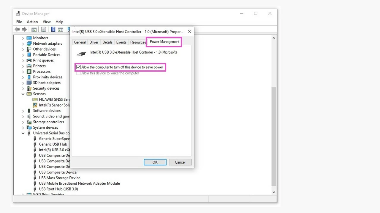 Image: Gestionnaire de périphériques Windows : Fenêtre Propriétés « Gestion de l’alimentation »