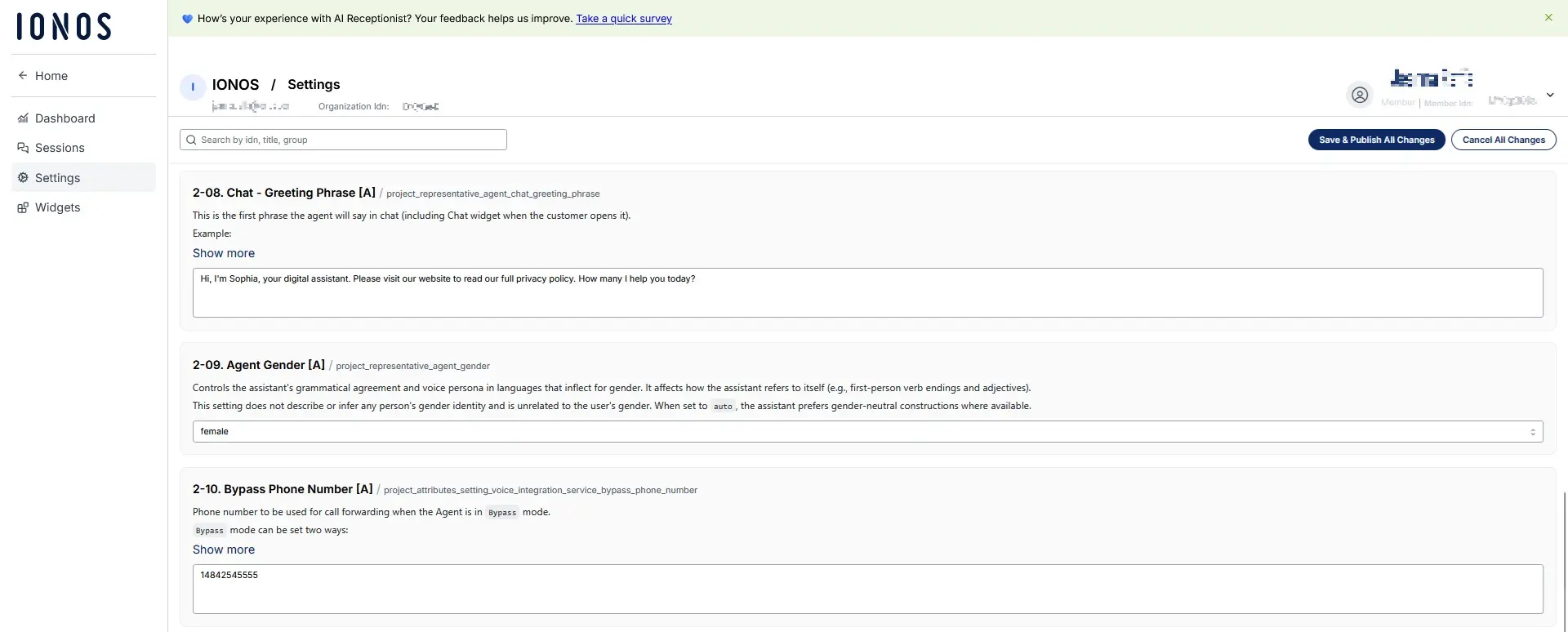 Capture d’écran du réceptionniste IA de IONOS Image: Capture d’écran du réceptionniste IA de IONOS