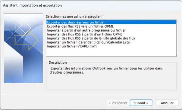 Assistant d’importation/exportation d’Outlook : choix des actions Image: Assistant d’importation/exportation d’Outlook : choix des actions