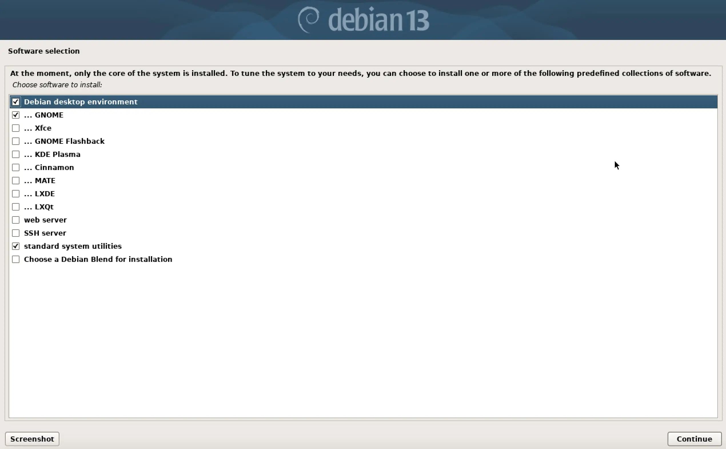 Image: Capture d&rsquo;&eacute;cran de l&rsquo;installation de Debian 13 : s&eacute;lection du logiciel