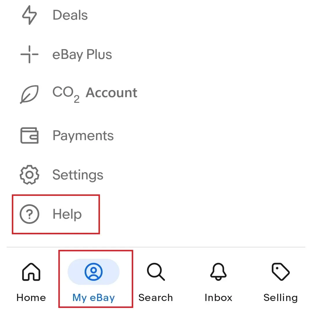 Capture d’écran de l’application My eBay avec le menu « Aide » Image: Capture d’écran de l’application My eBay avec le menu « Aide »