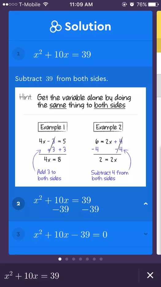 Image: Capture d'écran d'une équation mathématique résolue avec l'app Socratic