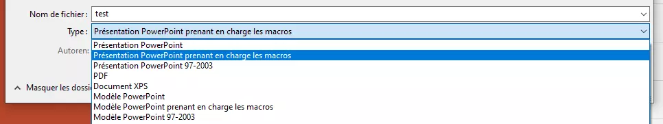 Image: Sélection du type de fichier dans PowerPoint 2016