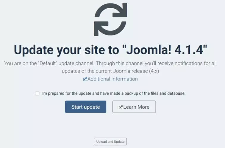 Image: Mise à jour Joomla : fenêtre de mise à jour