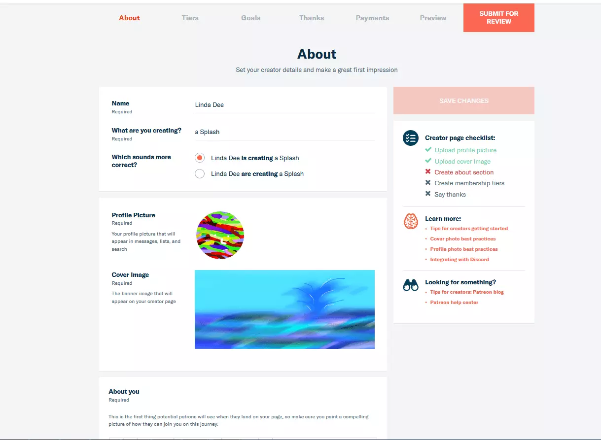Image: Backend de la page About de Patreon avec le nom d’utilisateur, l’objectif du montant à récolter et la photo de profil