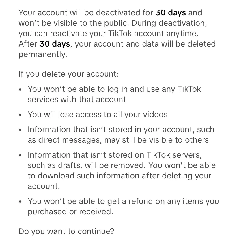 Informations avant la suppression du compte TikTok Image: Informations avant la suppression du compte TikTok