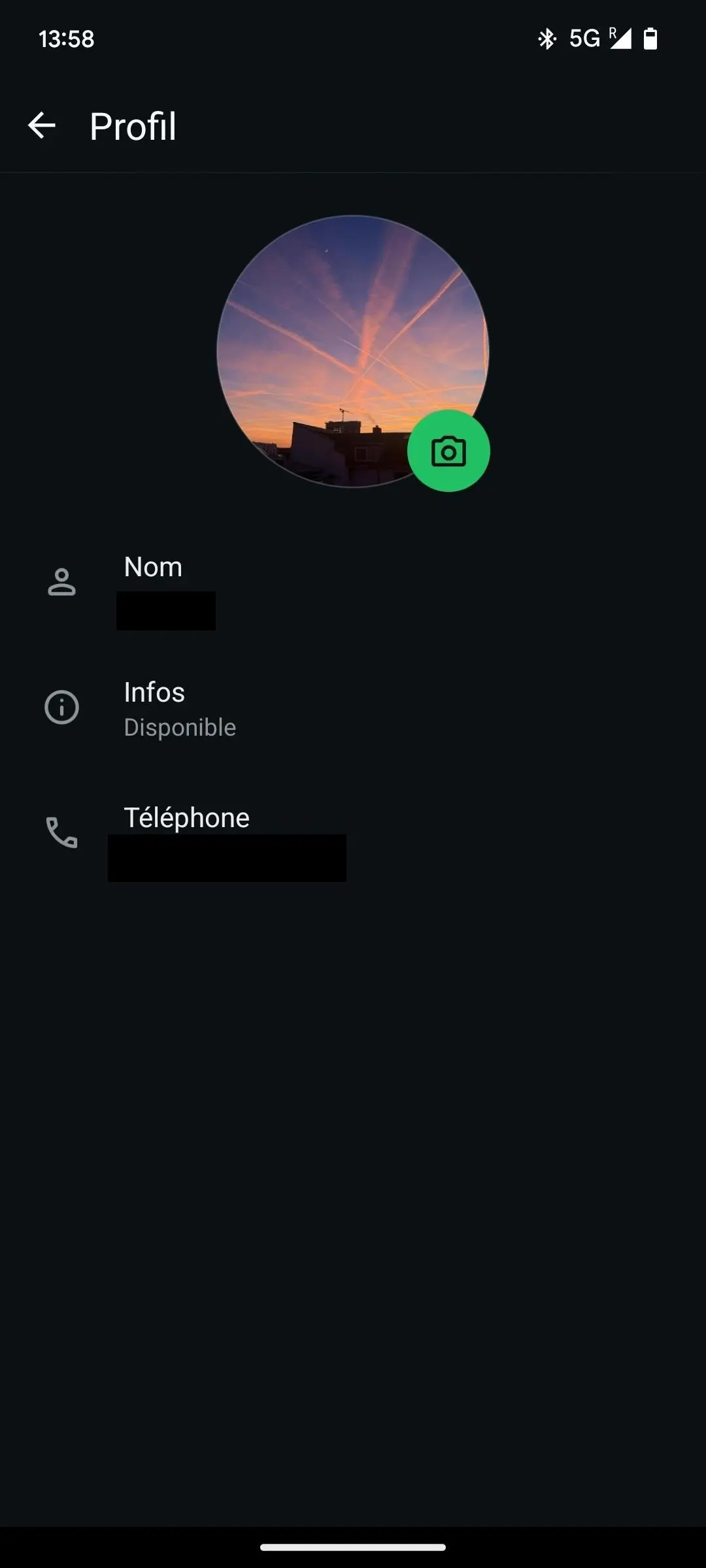 Image: Capture d&rsquo;&eacute;cran des param&egrave;tres WhatsApp &laquo; Modifier le profil &raquo; sur Android