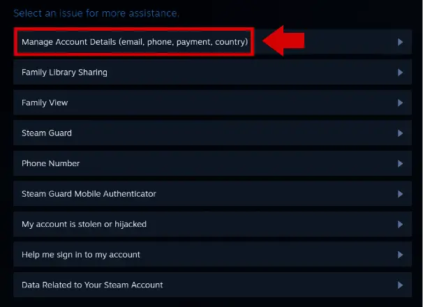 Image: Rubrique « Gérer les détails du compte » du site Web Steam