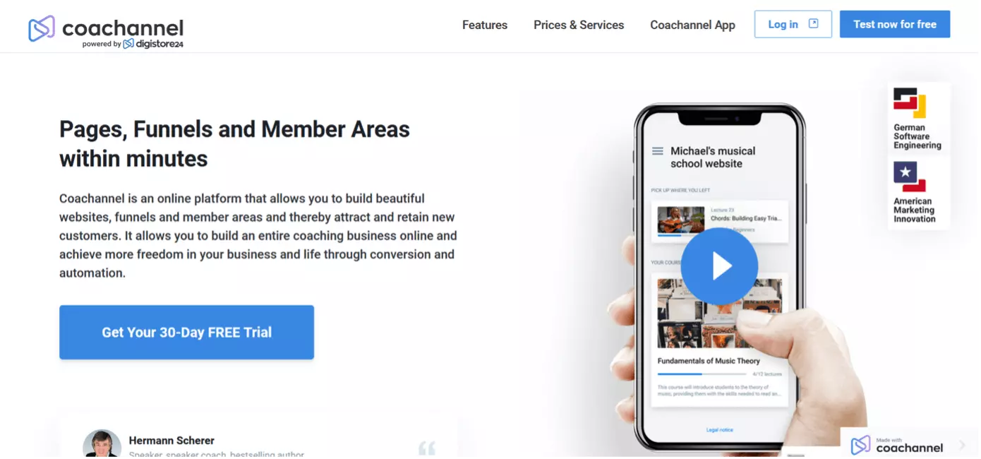 Capture d’écran du site Web de la plateforme en ligne Coachannel