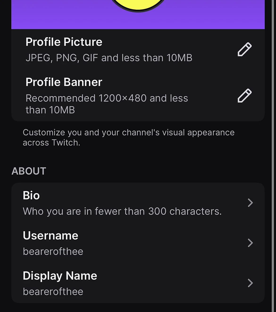 “Edit Profile” menu in the Twitch app Image: “Edit Profile” menu in the Twitch app