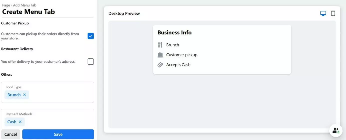 Image: Insertion d’une carte de restaurant dans Facebook