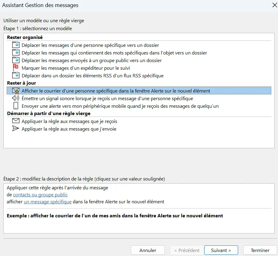 Image: Assistant de règles Outlook : sélection du modèle de règles