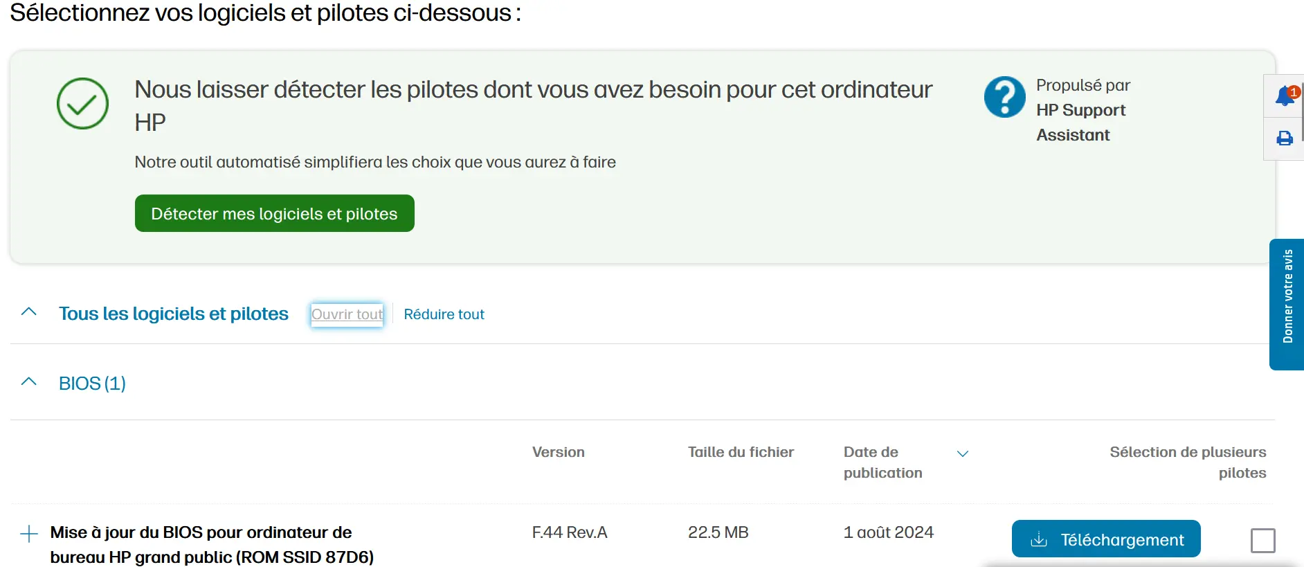 Image: Site Web HP : choisir la mise à jour du BIOS