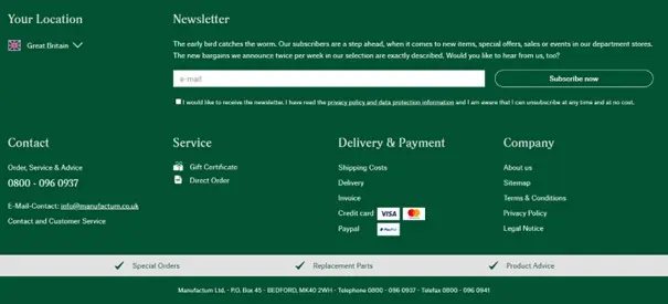 Image: Capture d’écran du pied de page du site de vente par correspondance Manufactum