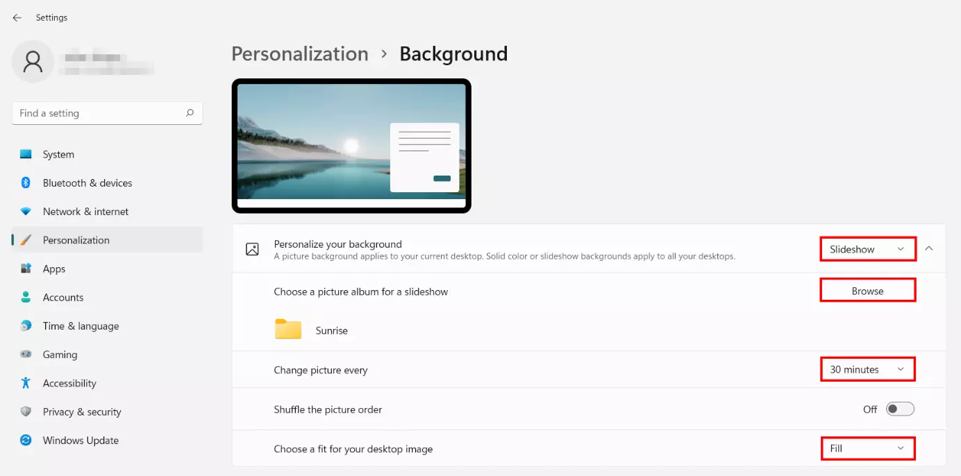 Image: Windows 11 : opter pour un diaporama en arrière-plan
