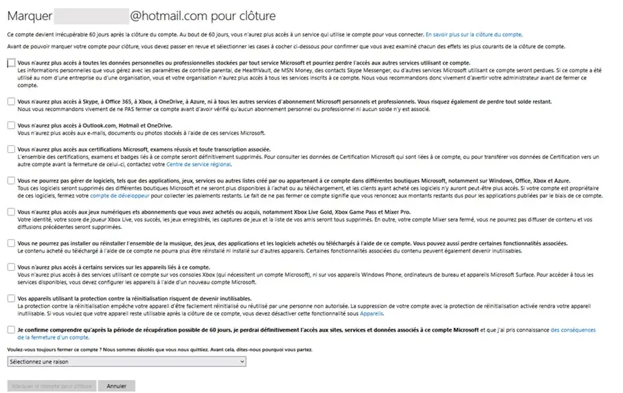 Image: Skype : cocher pour confirmer la suppression, bouton &laquo; Marquer le compte pour cl&ocirc;ture &raquo;