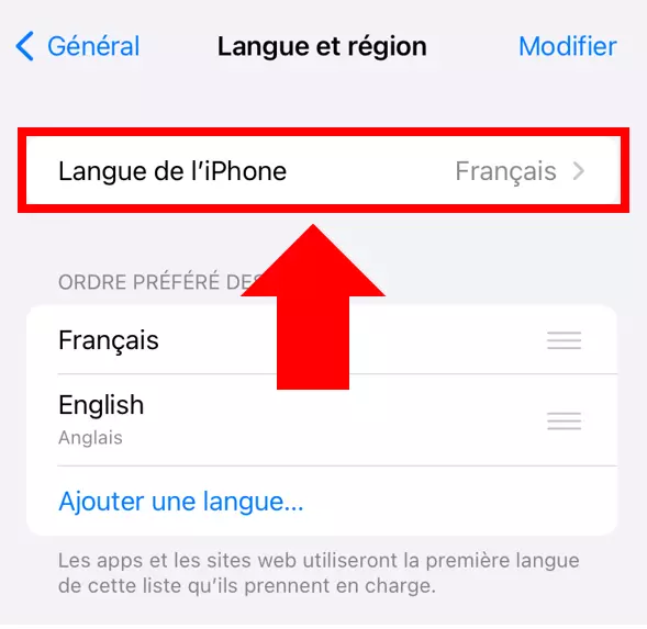 Image: Liste des langues disponibles pour l’appareil dans le menu linguistique d’iOS