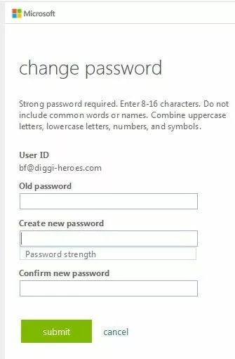 Menu pour changer le mot de passe dans l'application Web Microsoft O