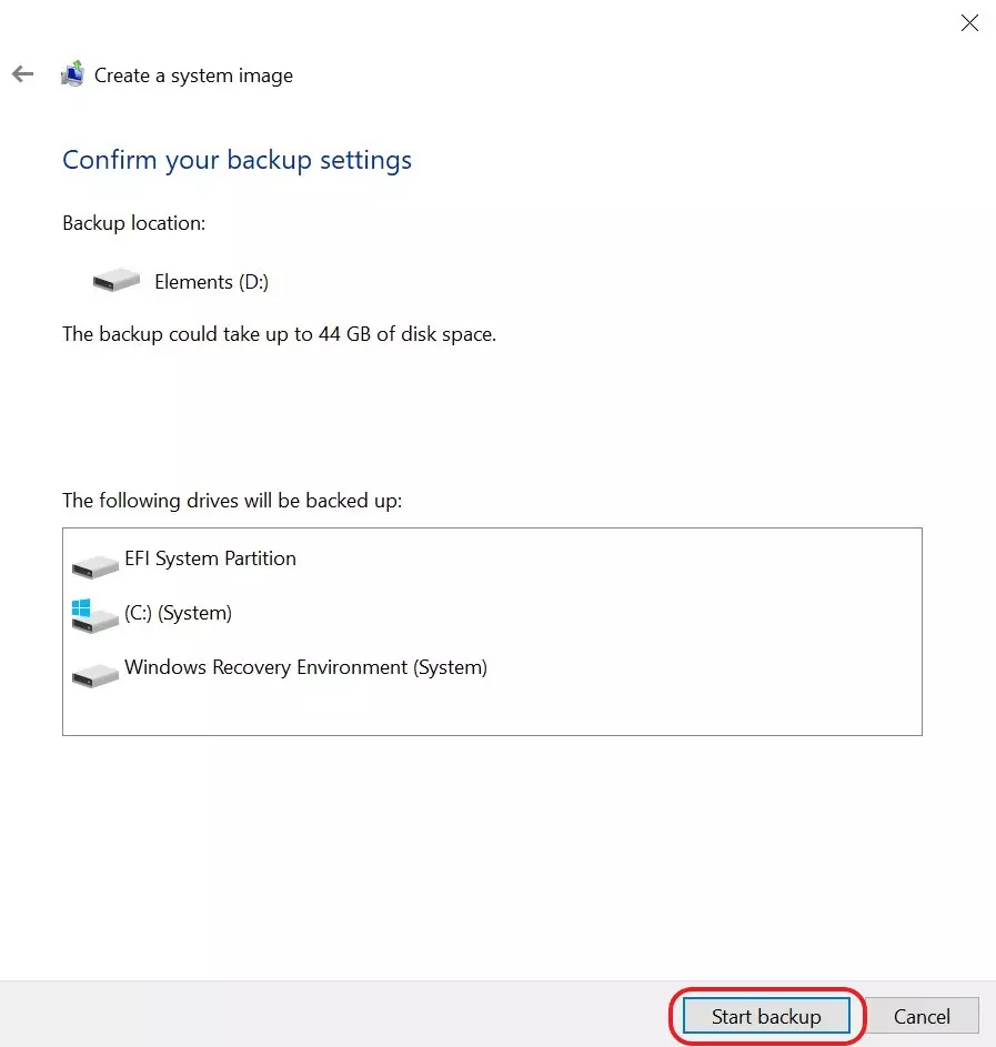 Image: « Démarrer la sauvegarde » permet de lancer le processus de backup