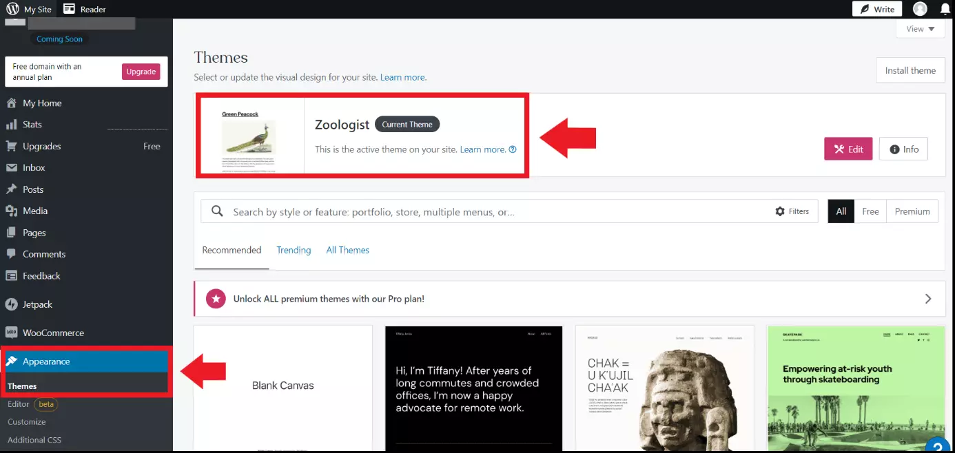 Image: La page WordPress dans le tableau de bord avec tous les thèmes WordPress installés