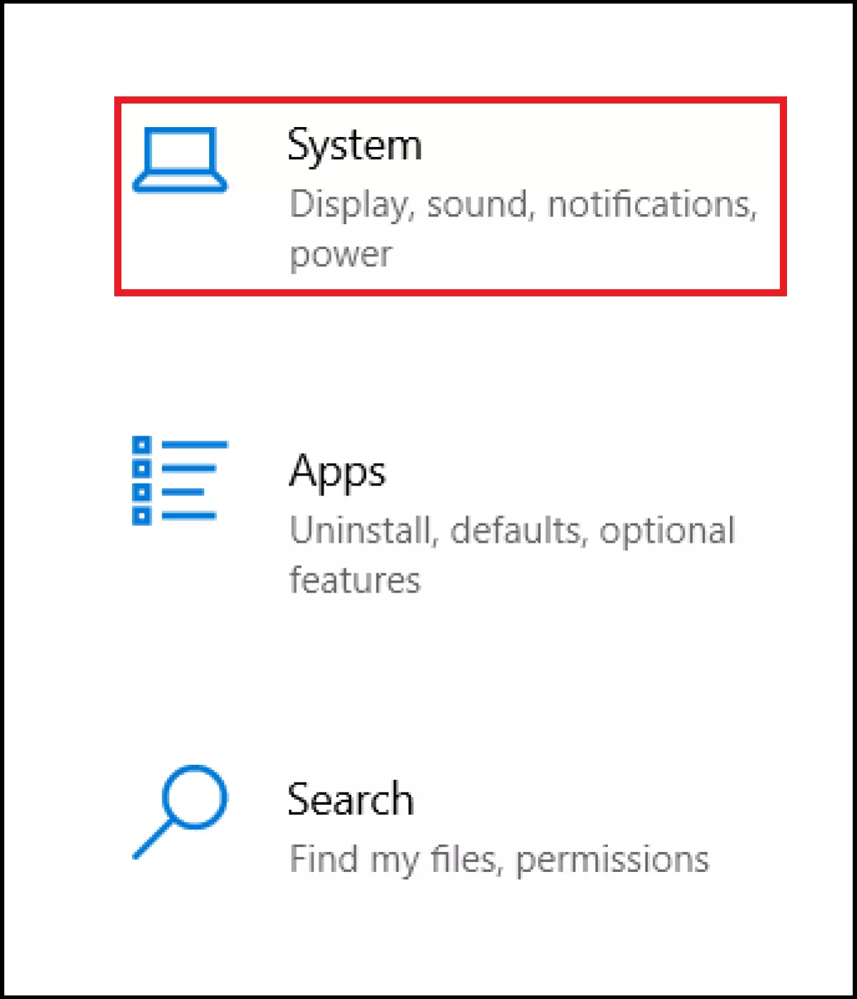 Image: Windows 10 : menu général des paramètres Windows