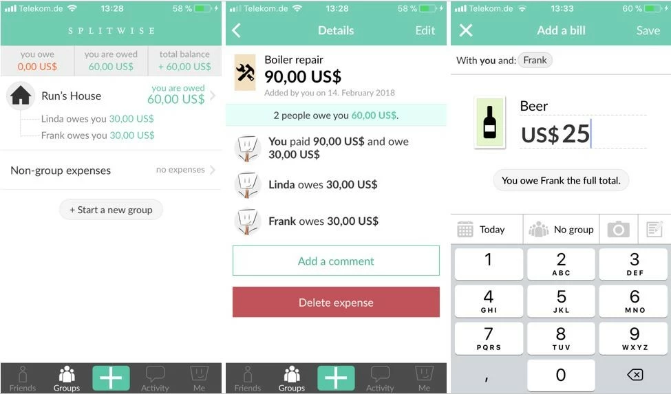 Image: Aperçu de l’application Splitwise pour calculer les dettes.