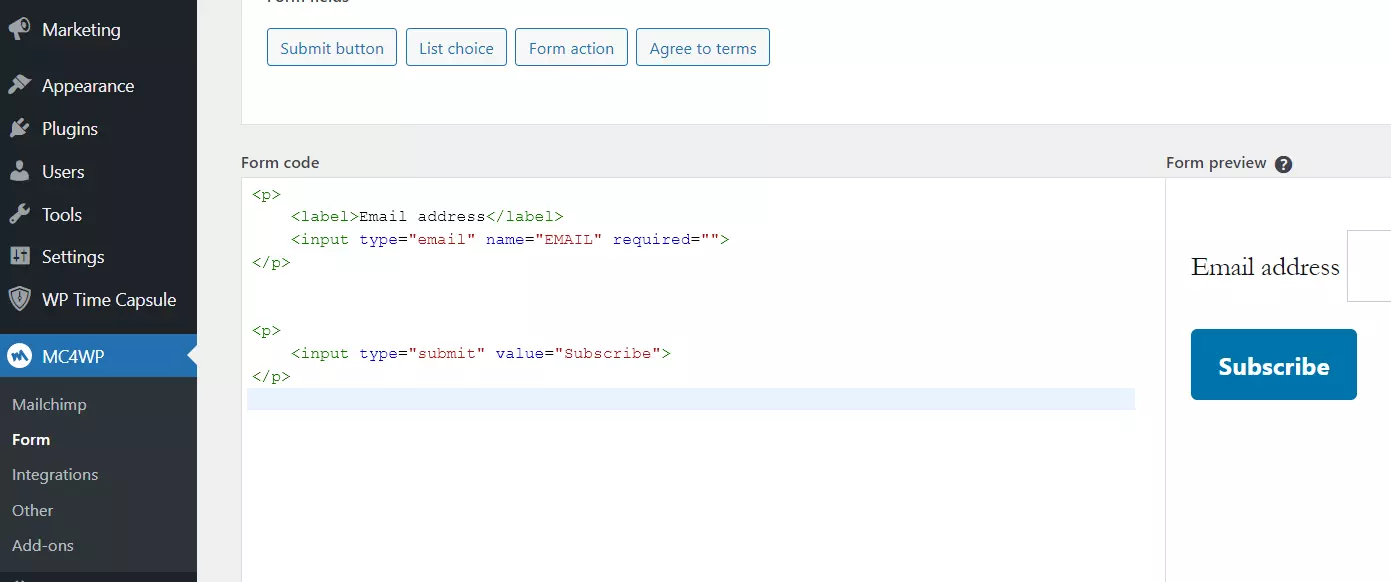 Image: MC4WP dans le back-end WordPress
