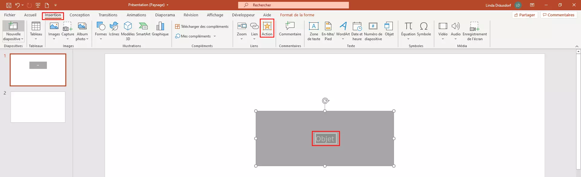 Image: Bouton « Action » dans l’onglet PowerPoint « Insertion »