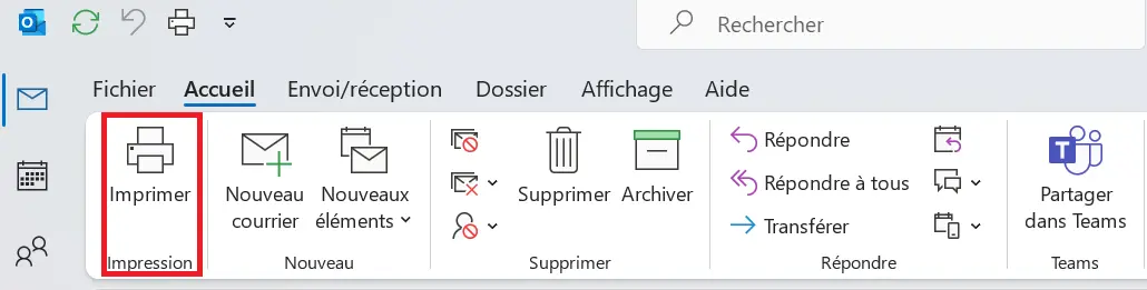 Ruban Outlook avec la nouvelle commande « Imprimer » Image: Ruban Outlook avec la nouvelle commande « Imprimer »