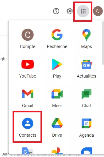 Image: Compte Google : « Contacts » dans la liste des applications