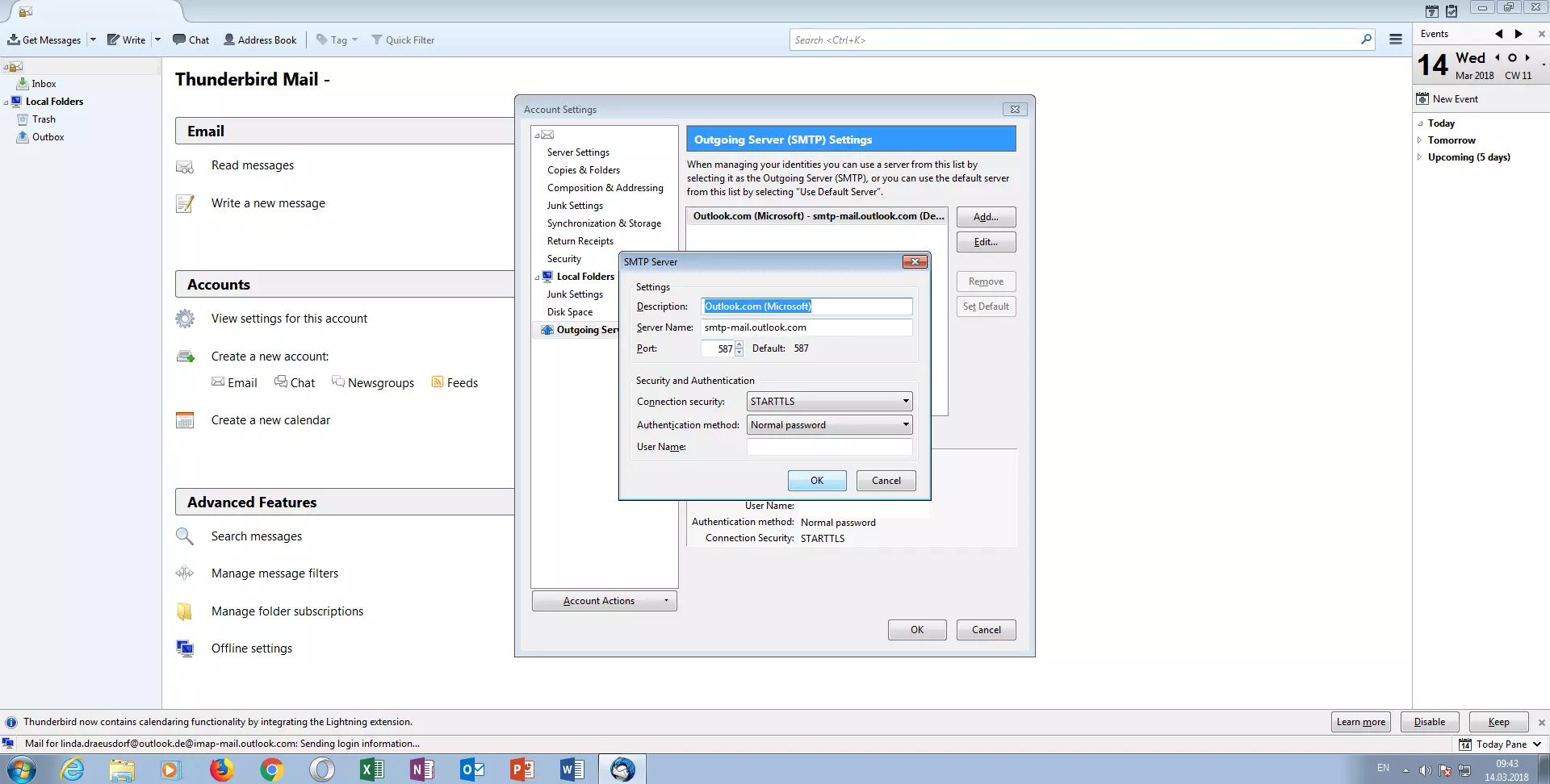 Image: Fenêtre « SMTP Server » dans Mozilla Thunderbird