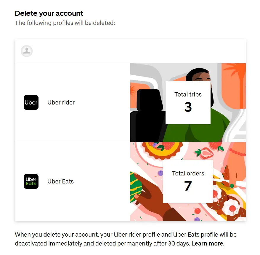 Capture d’écran de l’option de suppression sur le site Web d’Uber Image: Capture d’écran de l’option de suppression sur le site Web d’Uber
