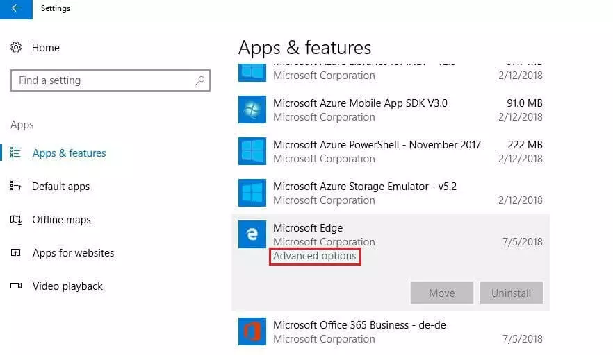 Image: Windows 10 : Menu “Apps & Features”
