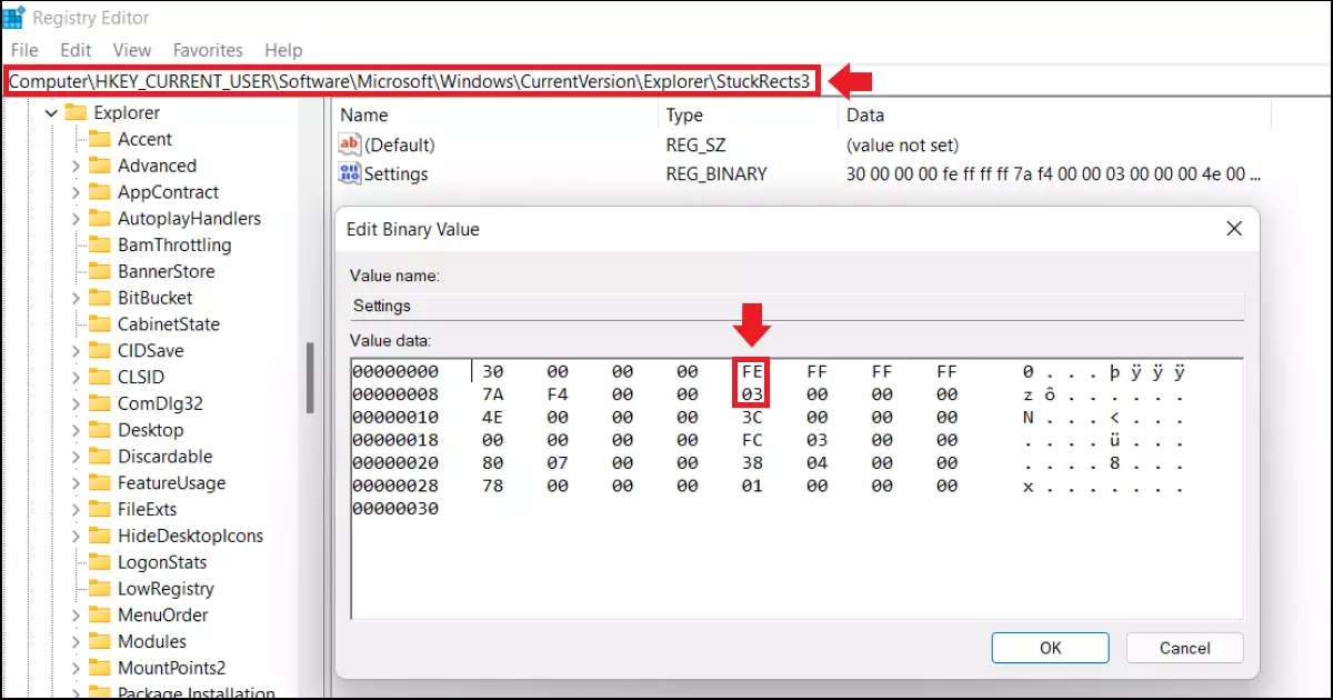 Le sous-menu du registre « Settings » pour la position de la barre des tâches Image: Le sous-menu du registre « Settings » pour la position de la barre des tâches
