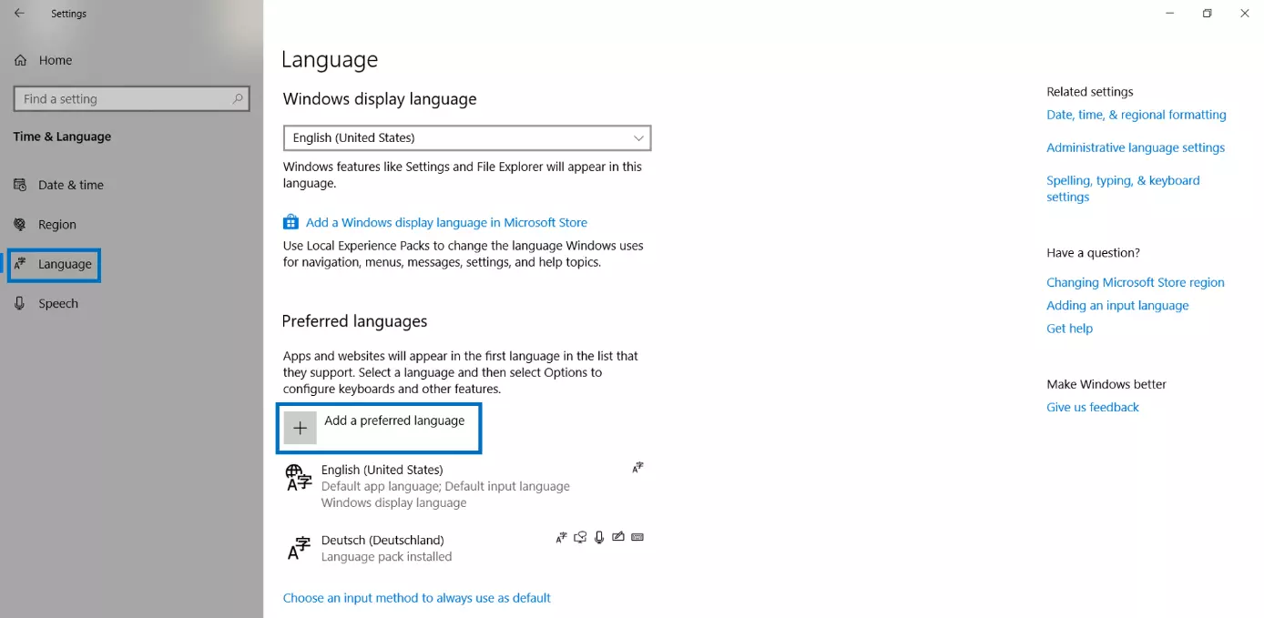 Image: Paramètres de Windows pour les options de langue