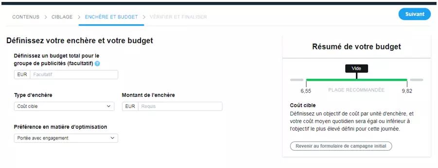 Image: La partie « Enchères et budget » de Twitter Ads
