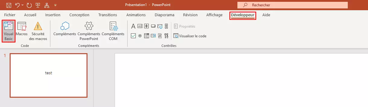 Image: Onglet « Développeur » dans PowerPoint 365